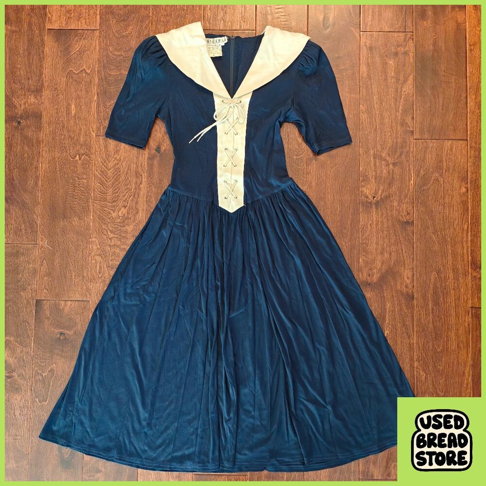 Vintage 80s Sz 6 Joanie Char Navy Sailor Lace Up Cotton Linen Midi Dress Blue